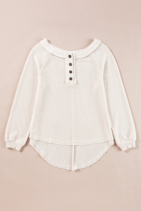 Waffle Knit Button Front Raglan Sleeve Loose Blouse