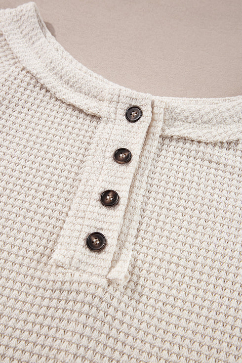 Waffle Knit Button Front Raglan Sleeve Loose Blouse