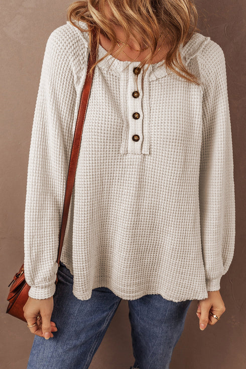 Waffle Knit Button Front Raglan Sleeve Loose Blouse