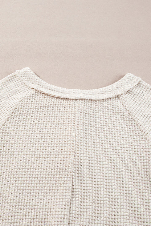 Waffle Knit Button Front Raglan Sleeve Loose Blouse