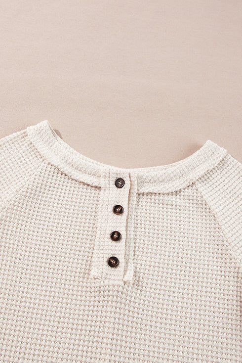 Waffle Knit Button Front Raglan Sleeve Loose Blouse