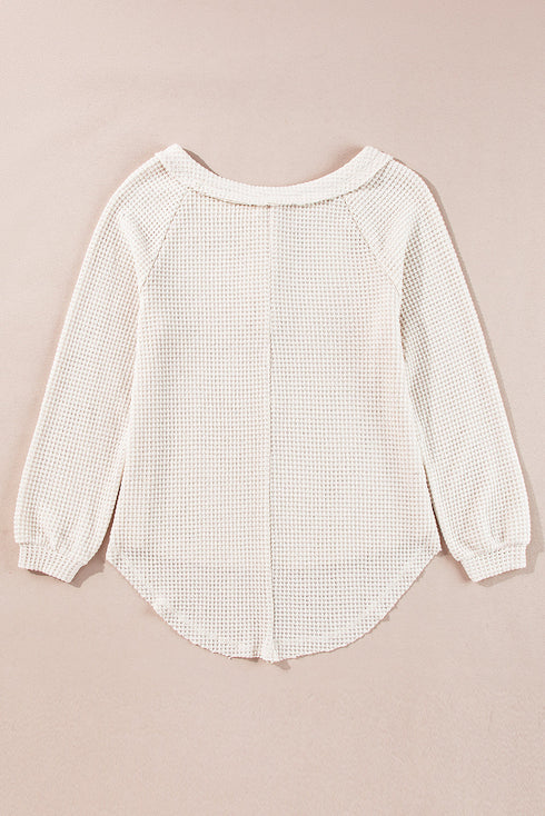 Waffle Knit Button Front Raglan Sleeve Loose Blouse