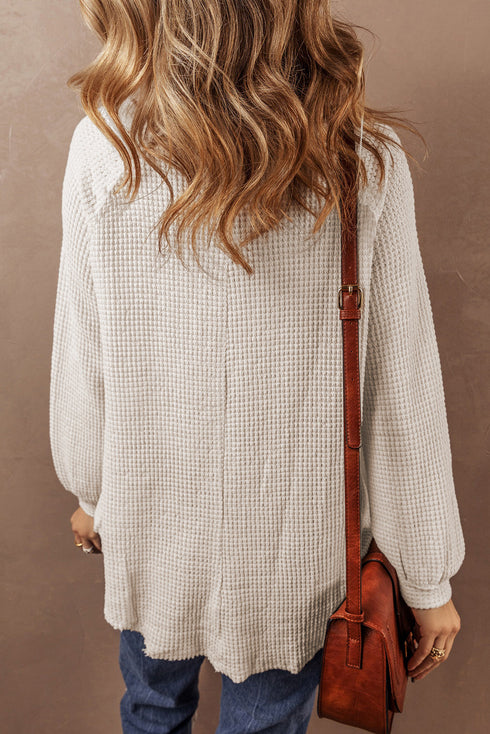 Waffle Knit Button Front Raglan Sleeve Loose Blouse
