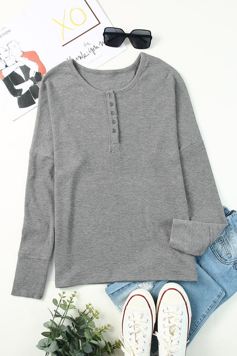 Waffle Knit Button Henley Long Sleeve Top
