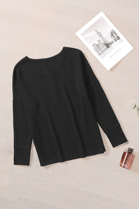 Waffle Knit Button Henley Long Sleeve Top