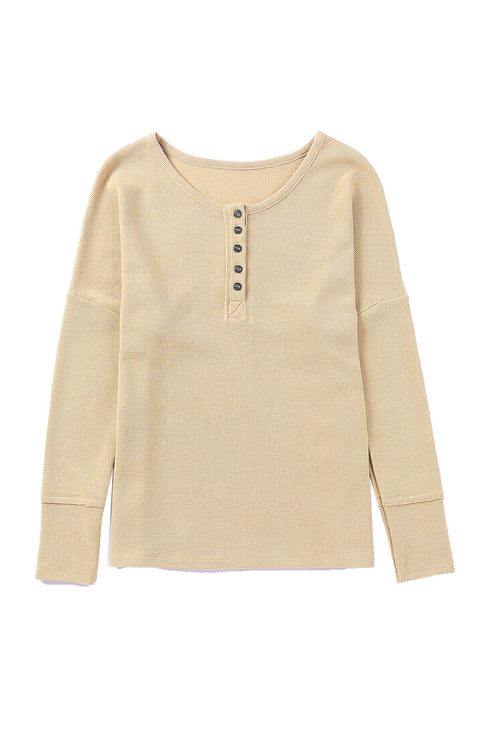 Waffle Knit Button Henley Long Sleeve Top