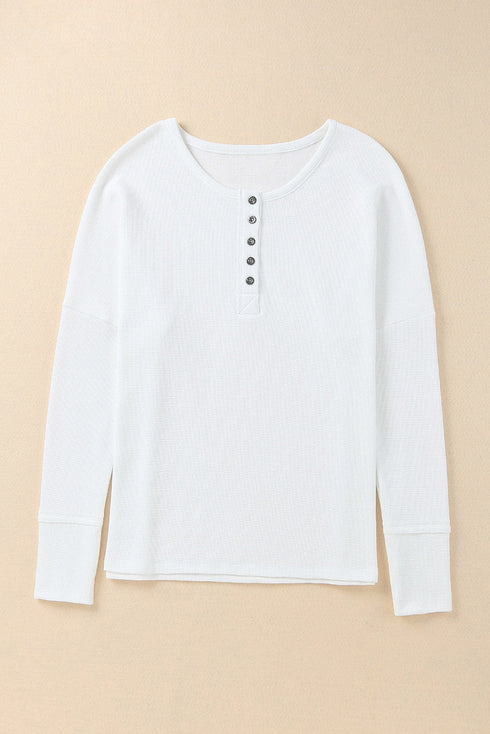 Waffle Knit Button Henley Long Sleeve Top