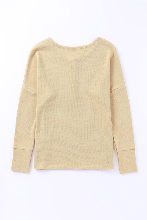 Waffle Knit Button Henley Long Sleeve Top