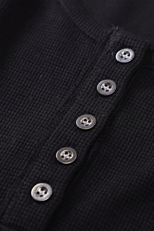 Waffle Knit Button Henley Long Sleeve Top