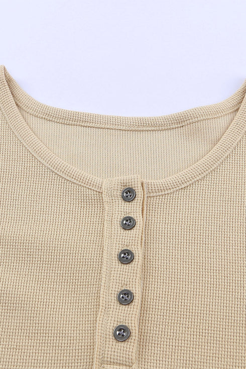 Waffle Knit Button Henley Long Sleeve Top