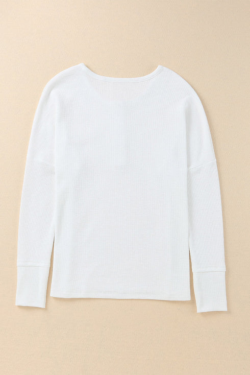 Waffle Knit Button Henley Long Sleeve Top