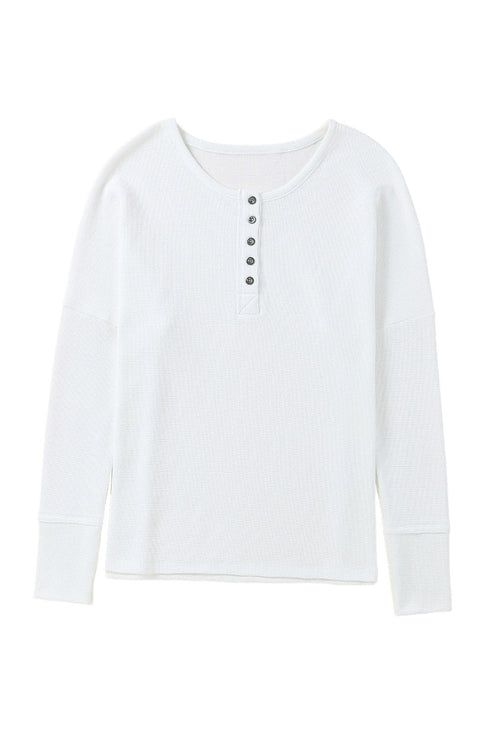 Waffle Knit Button Henley Long Sleeve Top