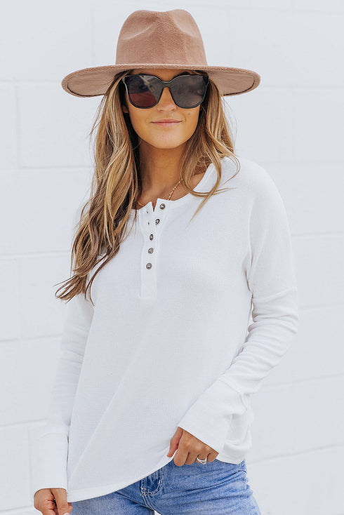 Waffle Knit Button Henley Long Sleeve Top
