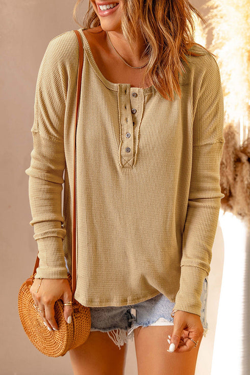 Waffle Knit Button Henley Long Sleeve Top