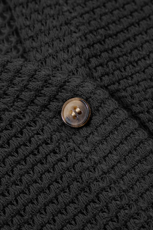 Waffle Knit Button Notched Neck Textured Long Sleeve Top