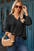 Waffle Knit Button Notched Neck Textured Long Sleeve Top