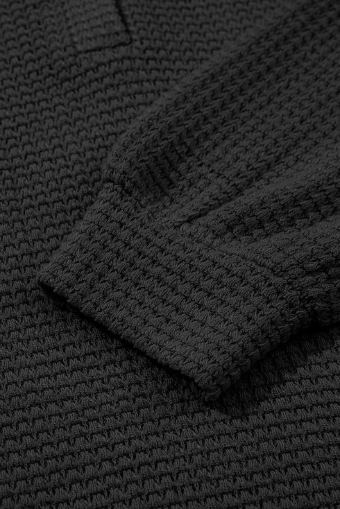 Waffle Knit Button Notched Neck Textured Long Sleeve Top