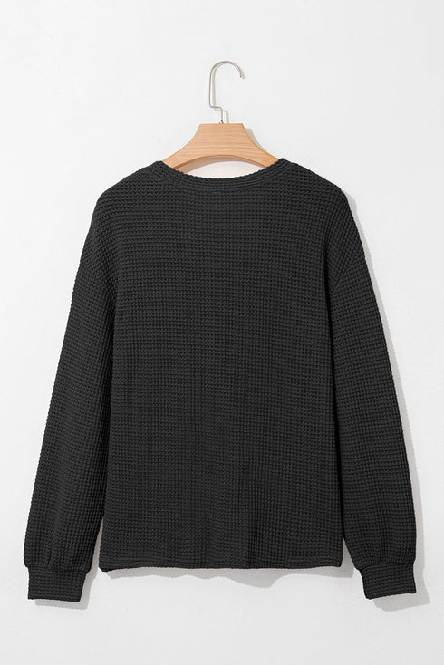 Waffle Knit Button Notched Neck Textured Long Sleeve Top