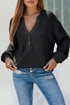 Waffle Knit Button Notched Neck Textured Long Sleeve Top