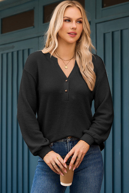Waffle Knit Button Notched Neck Textured Long Sleeve Top