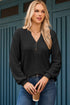 Waffle Knit Button Notched Neck Textured Long Sleeve Top