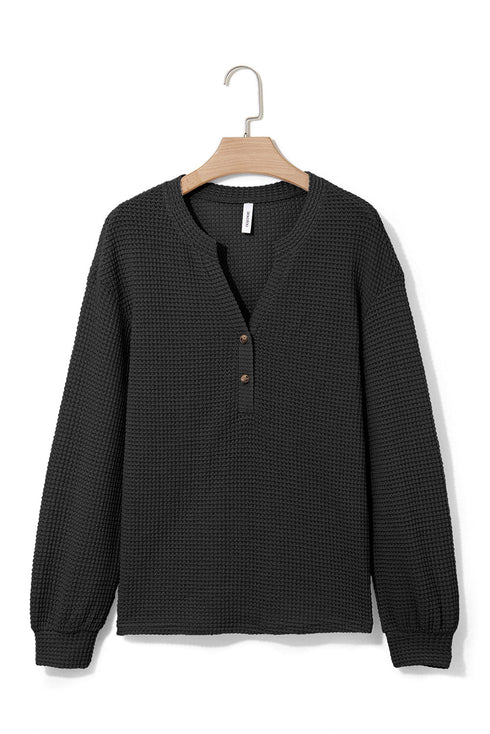 Waffle Knit Button Notched Neck Textured Long Sleeve Top