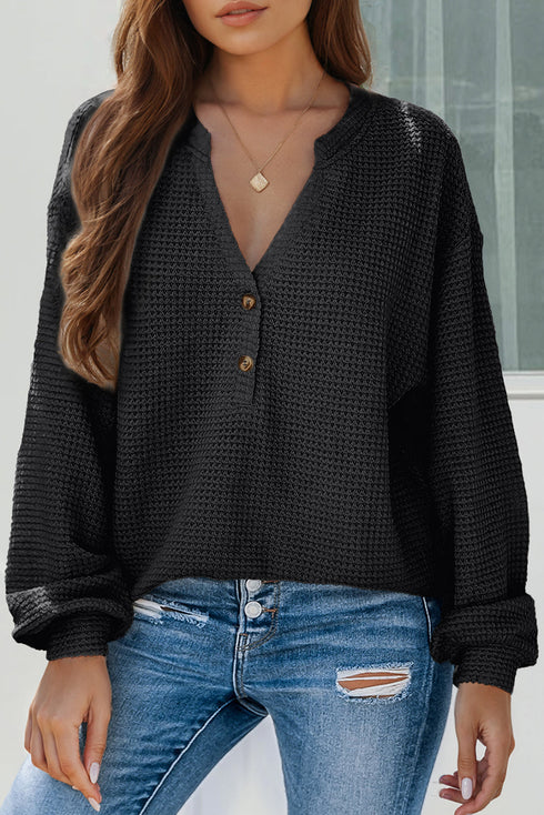 Waffle Knit Button Notched Neck Textured Long Sleeve Top