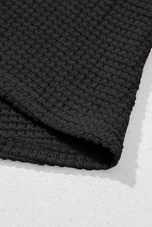 Waffle Knit Button Notched Neck Textured Long Sleeve Top