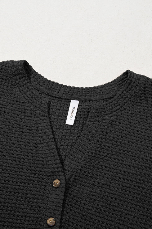 Waffle Knit Button Notched Neck Textured Long Sleeve Top