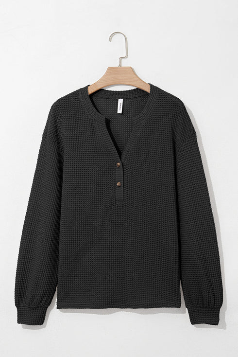 Waffle Knit Button Notched Neck Textured Long Sleeve Top
