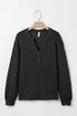 Waffle Knit Button Notched Neck Textured Long Sleeve Top