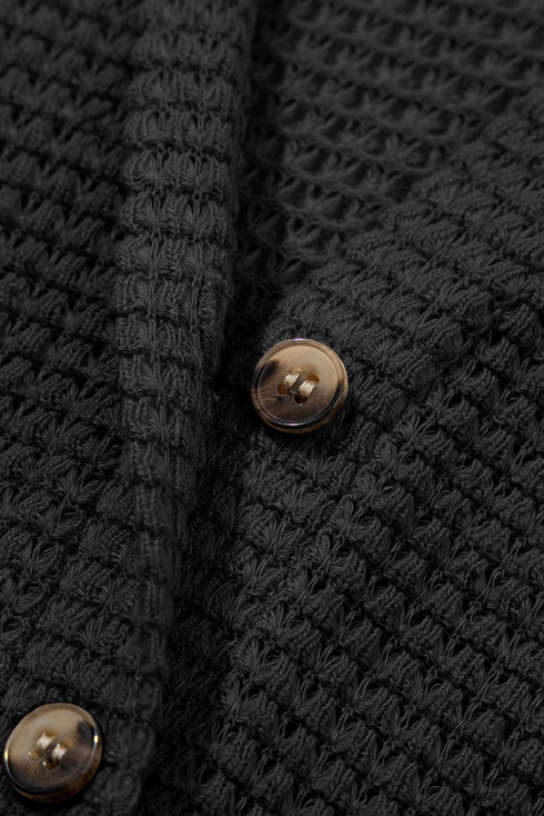 Waffle Knit Button Notched Neck Textured Long Sleeve Top