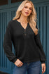 Waffle Knit Button Notched Neck Textured Long Sleeve Top