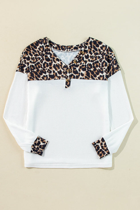 Waffle Knit Buttoned Henley Mixed Pattern Long Sleeve Top