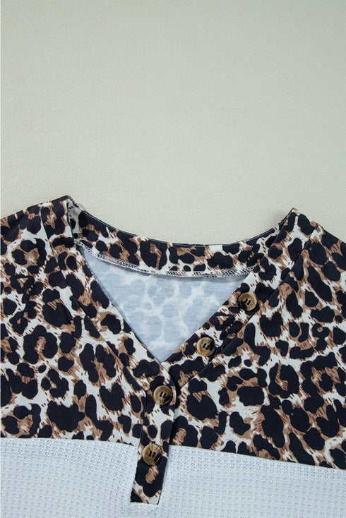 Waffle Knit Buttoned Henley Mixed Pattern Long Sleeve Top