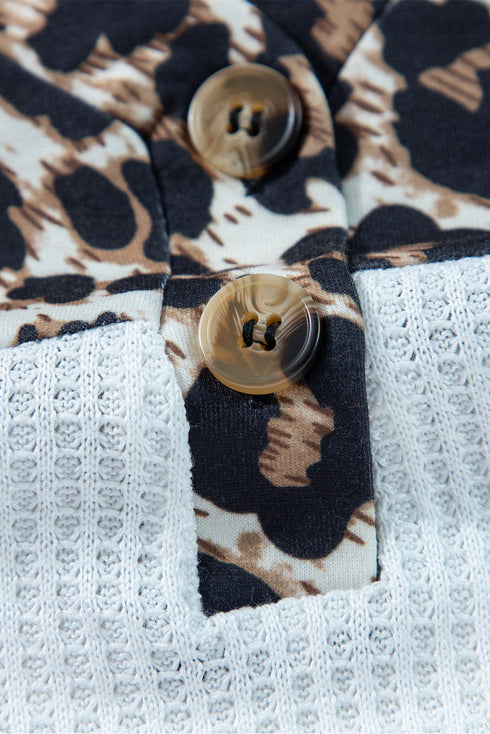 Waffle Knit Buttoned Henley Mixed Pattern Long Sleeve Top