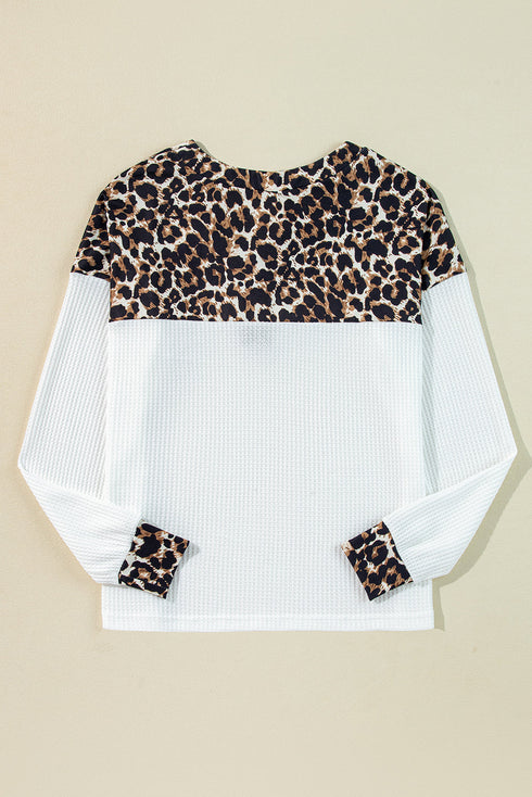 Waffle Knit Buttoned Henley Mixed Pattern Long Sleeve Top