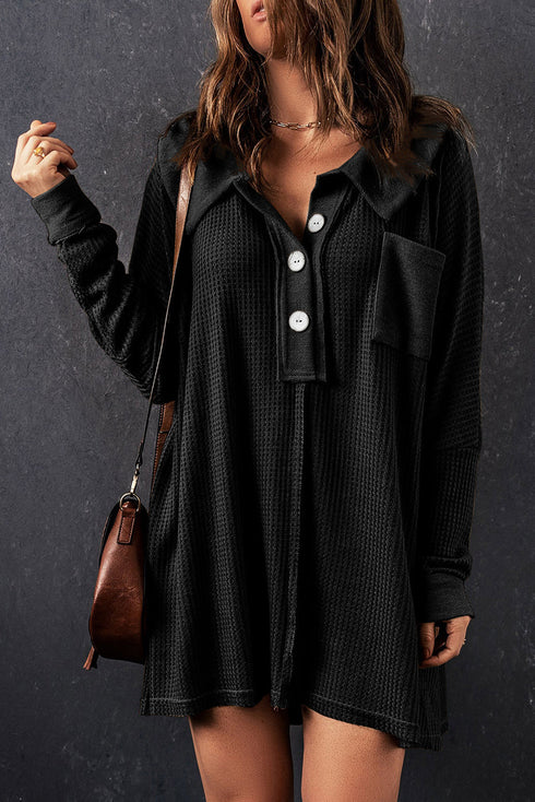 Waffle Knit Buttoned Long Sleeve Casual Henley Top