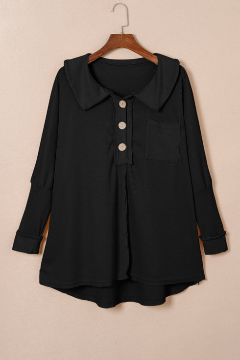 Waffle Knit Buttoned Long Sleeve Casual Henley Top