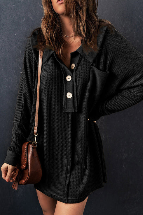 Waffle Knit Buttoned Long Sleeve Casual Henley Top