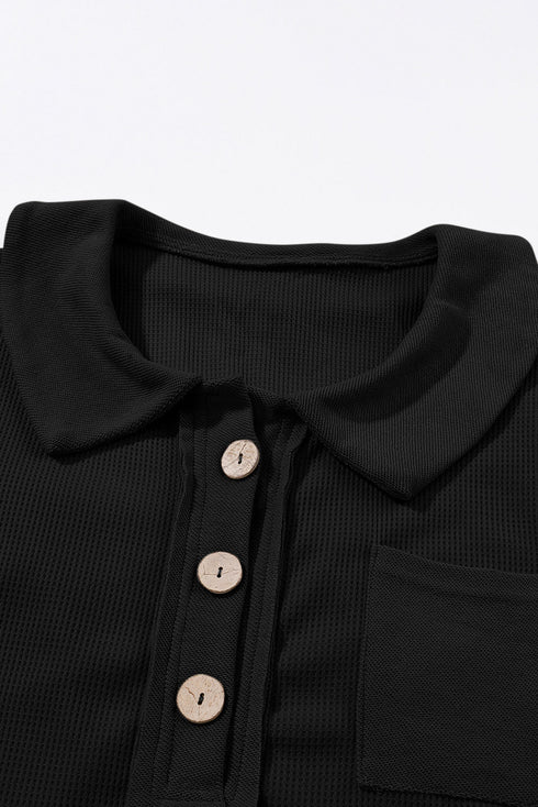 Waffle Knit Buttoned Long Sleeve Casual Henley Top