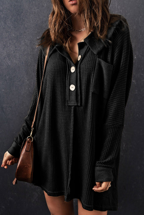 Waffle Knit Buttoned Long Sleeve Casual Henley Top