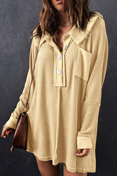 Waffle Knit Buttoned Long Sleeve Top