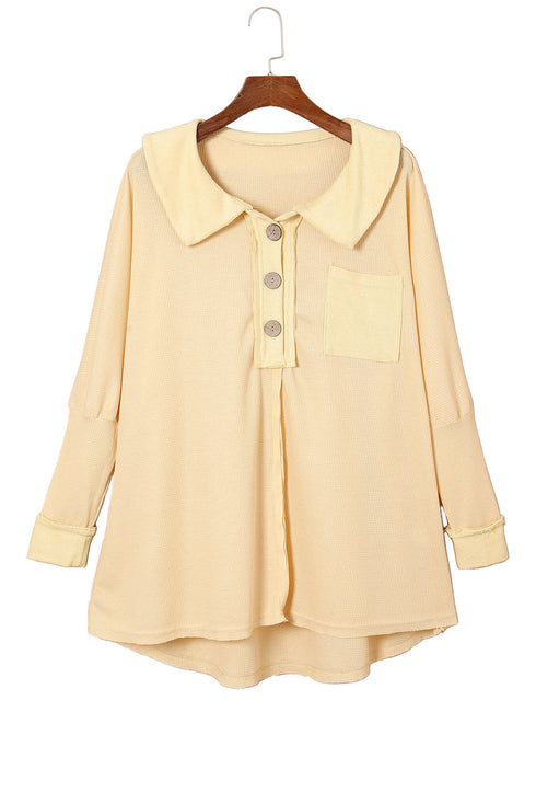 Waffle Knit Buttoned Long Sleeve Top