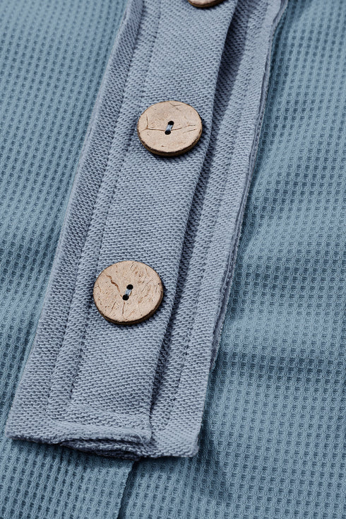 Waffle Knit Buttoned Long Sleeve Top