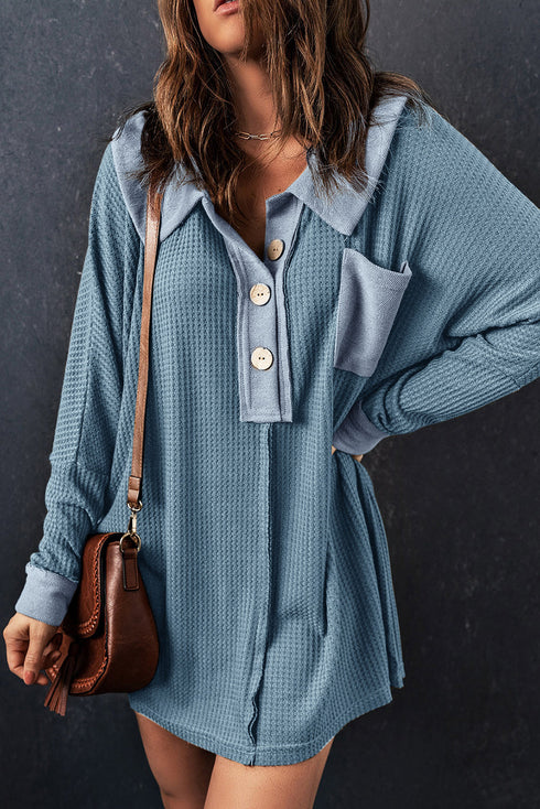 Waffle Knit Buttoned Long Sleeve Top