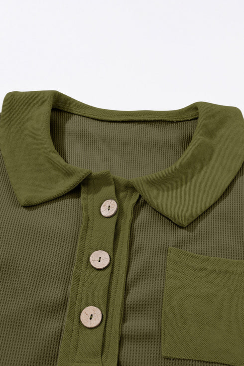 Waffle Knit Buttoned Long Sleeve Top