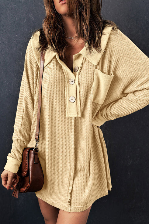 Waffle Knit Buttoned Long Sleeve Top