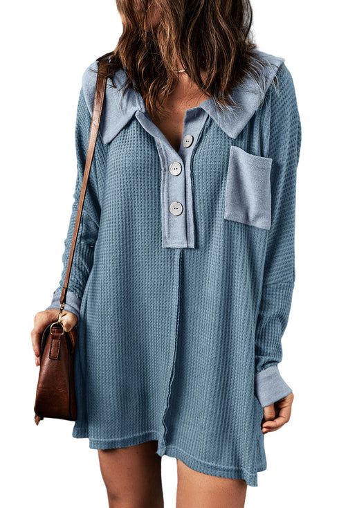 Waffle Knit Buttoned Long Sleeve Top