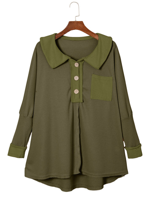 Waffle Knit Buttoned Long Sleeve Top